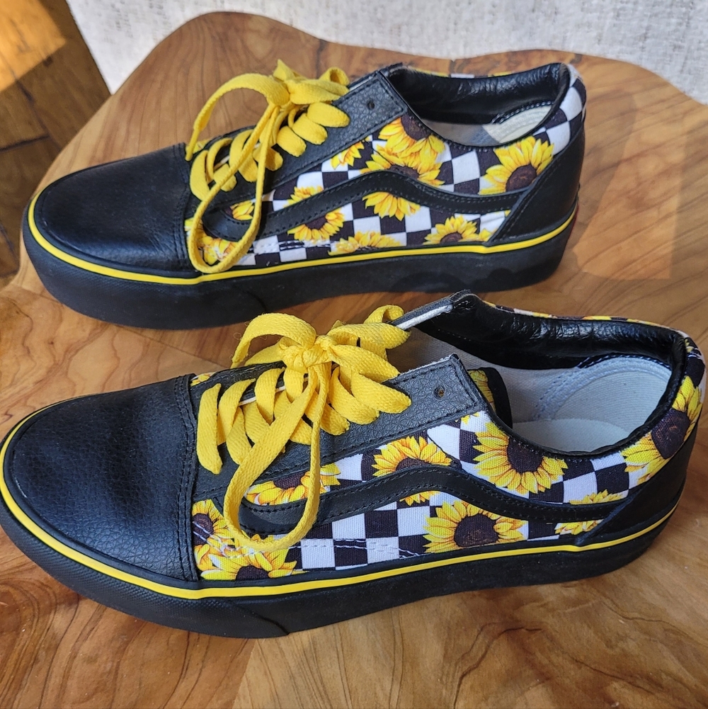 NWOB | Vans Customs Old Skool Platform Shoe Sunflower Checkerboard - Picture 3 of 8